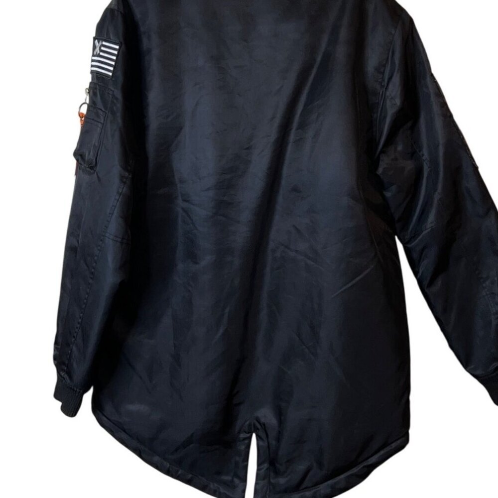 Victorious Black Military-Style Bomber Jacket Air Force Patches Ribbed Collar & - Picture 2 of 6